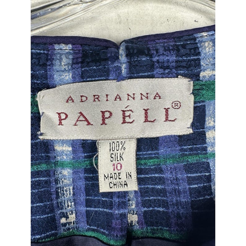 Bluzka vintage Adrianna Papell w paski, wielokolorowa, z jedwabiu, zapinana na guziki, rozmiar: 10 zdjęcie 10