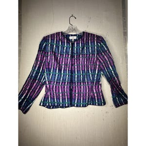 Bluzka vintage Adrianna Papell w paski, wielokolorowa, z jedwabiu, zapinana na guziki, rozmiar: 10 zdjęcie 1