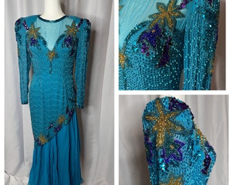 Vintage Alyce Designs 100% Silk Beaded Floor Length Dress 1980s Gorgeous Blue Teal. Prom Dress. Maxi Dress. Vintage Beaded Gown.