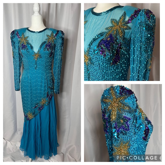 Vintage Alyce Designs 100% Silk Beaded Floor Length Dress 1980s Gorgeous  Blue Teal. Prom Dress. Maxi Dress. Vintage Beaded Gown. - Etsy