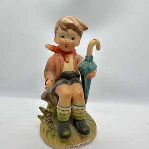 Vintage Erich Stauffer Hummel Figurine Boy with Umbrella &quot;Young Folks&quot; 1940s Ceramic Hummel Vintage 7.5 Inches