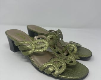 Vintage Y2K 90s Metallic Green Strappy Kitten Heel By Life Stride Sz 7.5