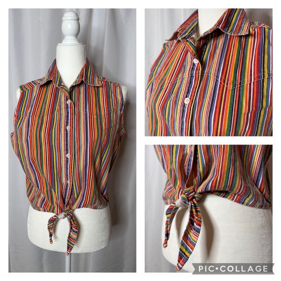 Vintage Rainbow Striped Sleeveless Tie Button Up … - image 1