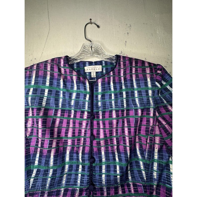 Bluzka vintage Adrianna Papell w paski, wielokolorowa, z jedwabiu, zapinana na guziki, rozmiar: 10 zdjęcie 5