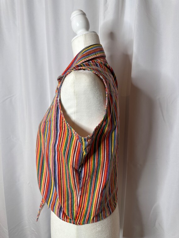 Vintage Rainbow Striped Sleeveless Tie Button Up … - image 5