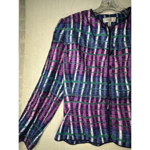Bluzka vintage Adrianna Papell w paski, wielokolorowa, z jedwabiu, zapinana na guziki, rozmiar: 10 zdjęcie 3