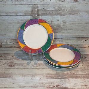Vintage Multicolored Misono Rhythm China Salad Plates. Set of 4.  1980s. Pattern Number 8723. Vintage Geometric Salad Plates Dinnerware.