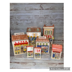 RARE Vintage Fitz & Floyd Italian Village Shops Canister Set, Salt, Pepper, and Cheese Shaker SET from OMNIBUS 1993 - Vintage Canisters