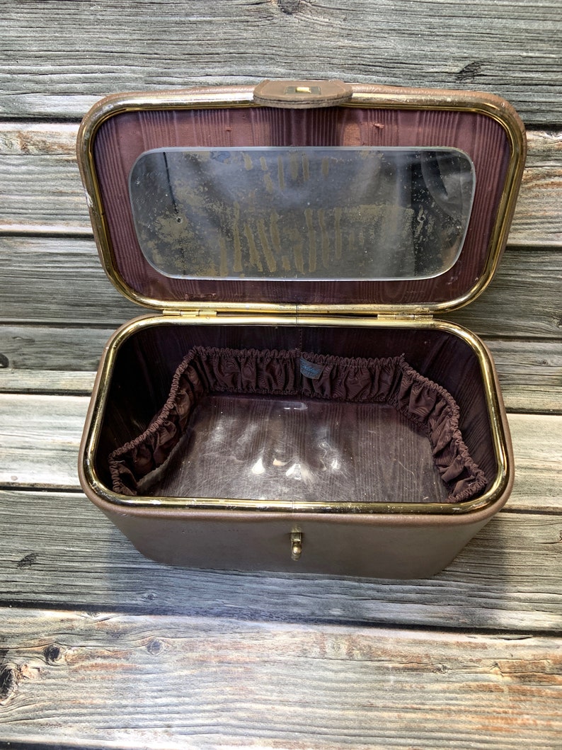 Vintage Leather Train Case Make up Bag Toiletry Bag Brown Etsy