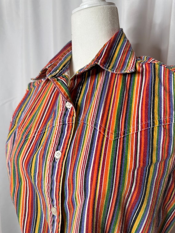 Vintage Rainbow Striped Sleeveless Tie Button Up … - image 3