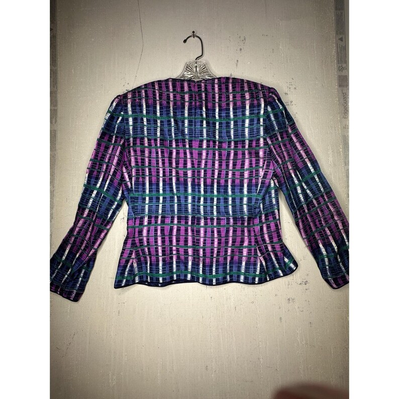 Bluzka vintage Adrianna Papell w paski, wielokolorowa, z jedwabiu, zapinana na guziki, rozmiar: 10 zdjęcie 8