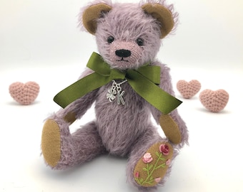 Personalised Teddy Bear Flower Embroidery, Personalised Gift, Artist Handmade Mohair Teddy Bear, Rose Embroidery
