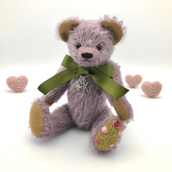 Personalised Teddy Bear Flower Embroidery, Personalised Gift, Artist Handmade Mohair Teddy Bear, Rose Embroidery