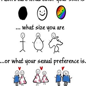 May include: A black circle, a smiley face, and a rainbow smiley face. A stick figure, a round figure, and a figure with a head and a body that looks like a cloud. Two figures holding hands with hearts above their heads. One figure is wearing a pink dress with white polka dots and the other is wearing a blue dress.