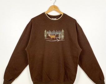 Vintage White-Tailed Deer Crewneck Sweatshirt Embroidery Logo Brown Color Men’s L