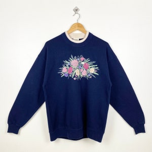 90s Art Flowers Crewneck Sweatshirt Print Logo Blue Color Women’s L