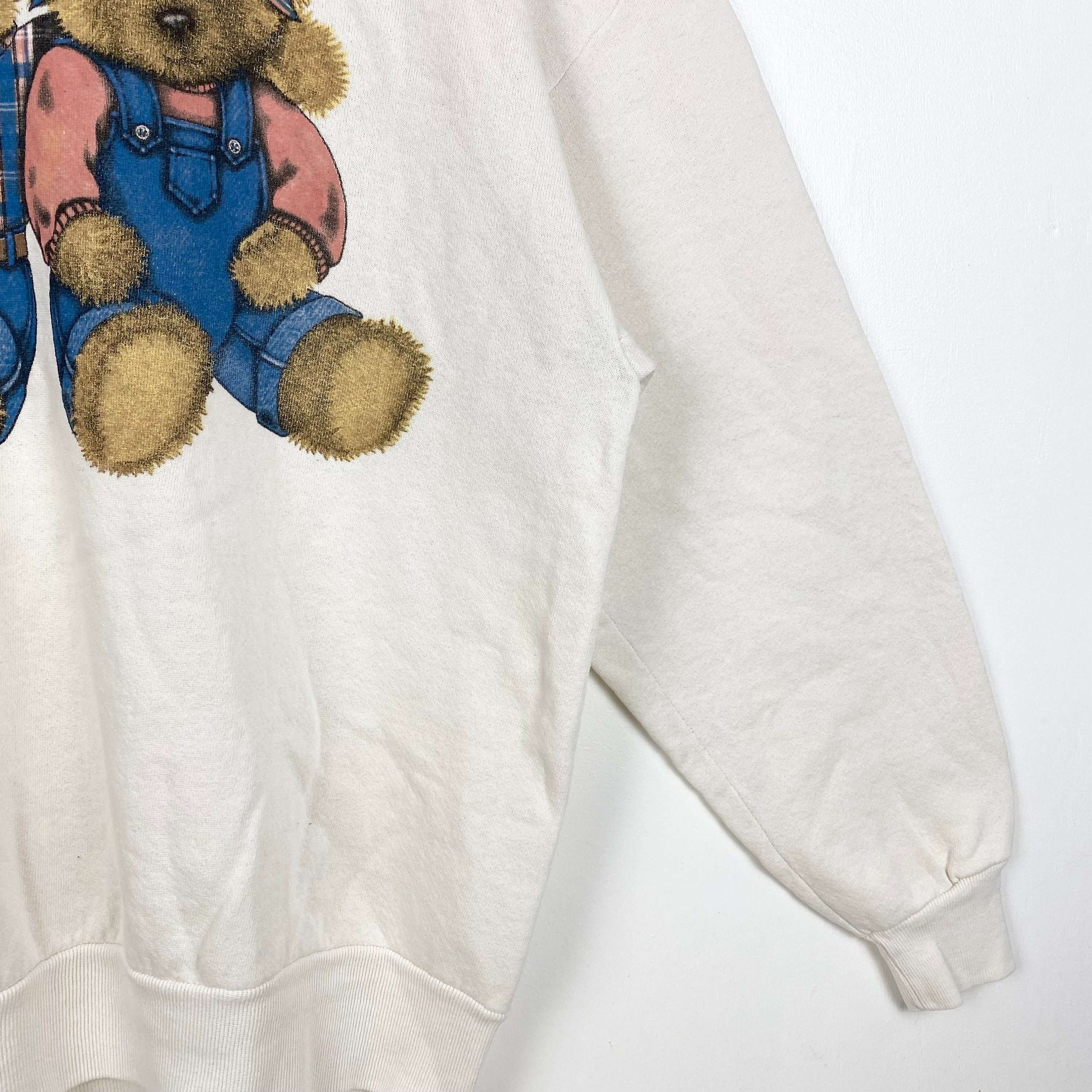 90s Art Teddy Bear Crewneck Sweatshirt Print Logo White Color 