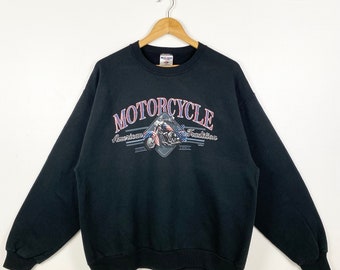 Vintage motorcykeltröja med rund hals och tryckt logotyp, svart färg, herrstorlek L