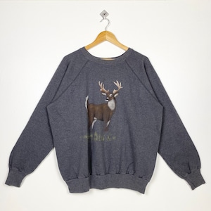 90s Wildlife White-Tailed Deer Crewneck Sweatshirt Print Logo Grey Color Men’s XXL