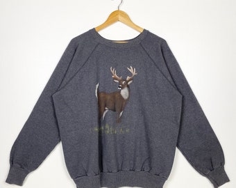 90s Wildlife White-Tailed Deer Crewneck Sweatshirt Print Logo Grey Color Men’s XXL