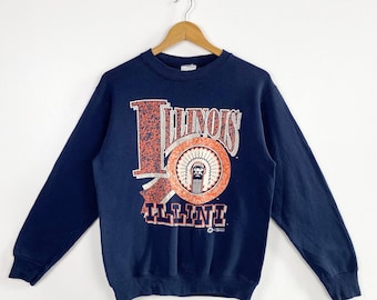 Vintage University of Illinois Fighting Illini Crewneck - NCAA - Print Logo - Blue Color - Youth XL