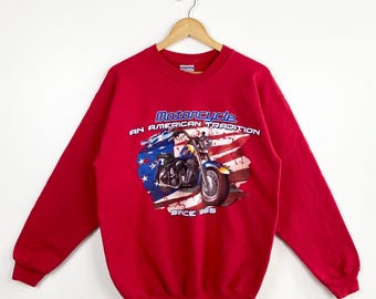 Vintage motorcykeltröja med rund hals och tryckt logotyp, röd färg, herr, M
