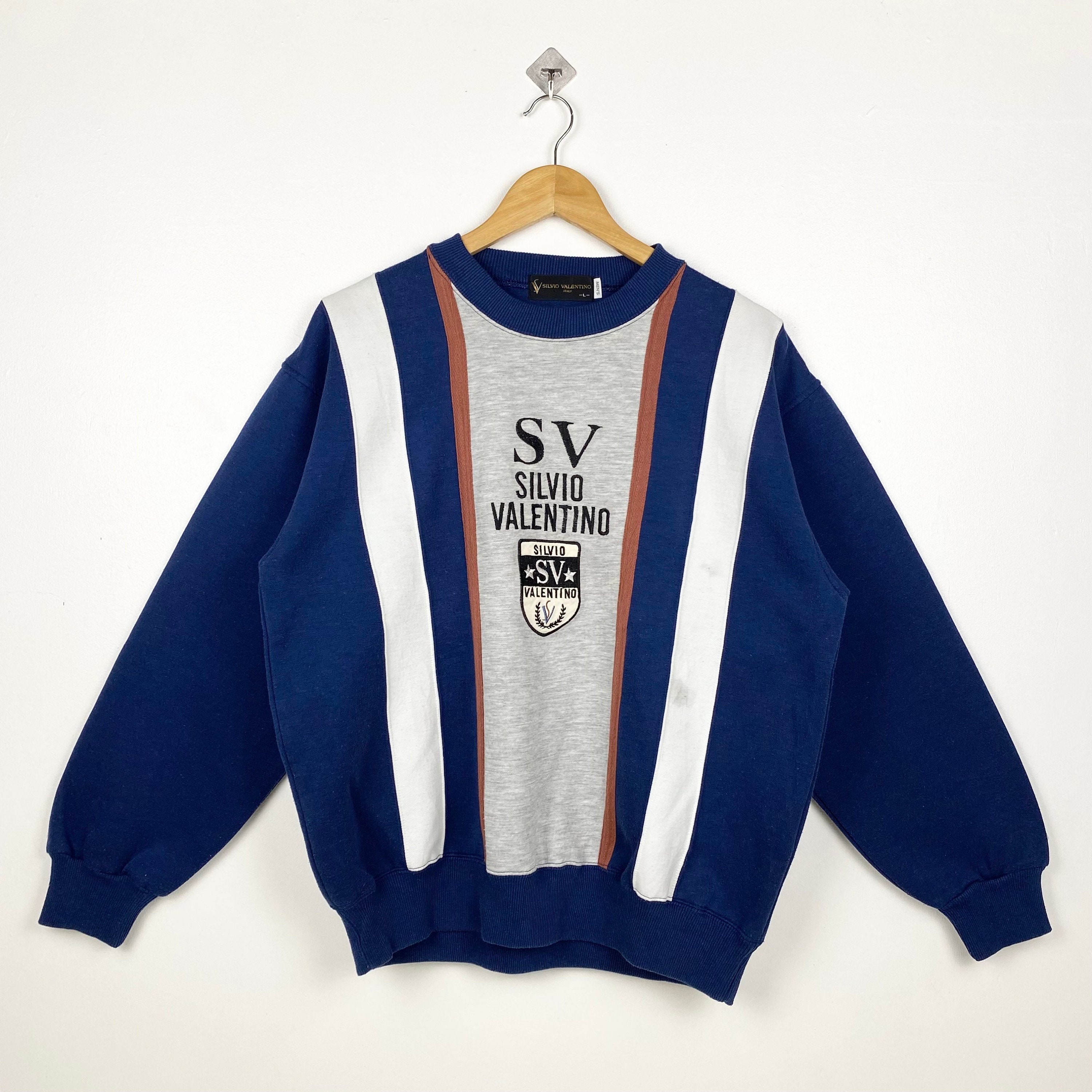 90s Silvio Valentino Crewneck Sweatshirt Embroidery Logo Blue Grey 