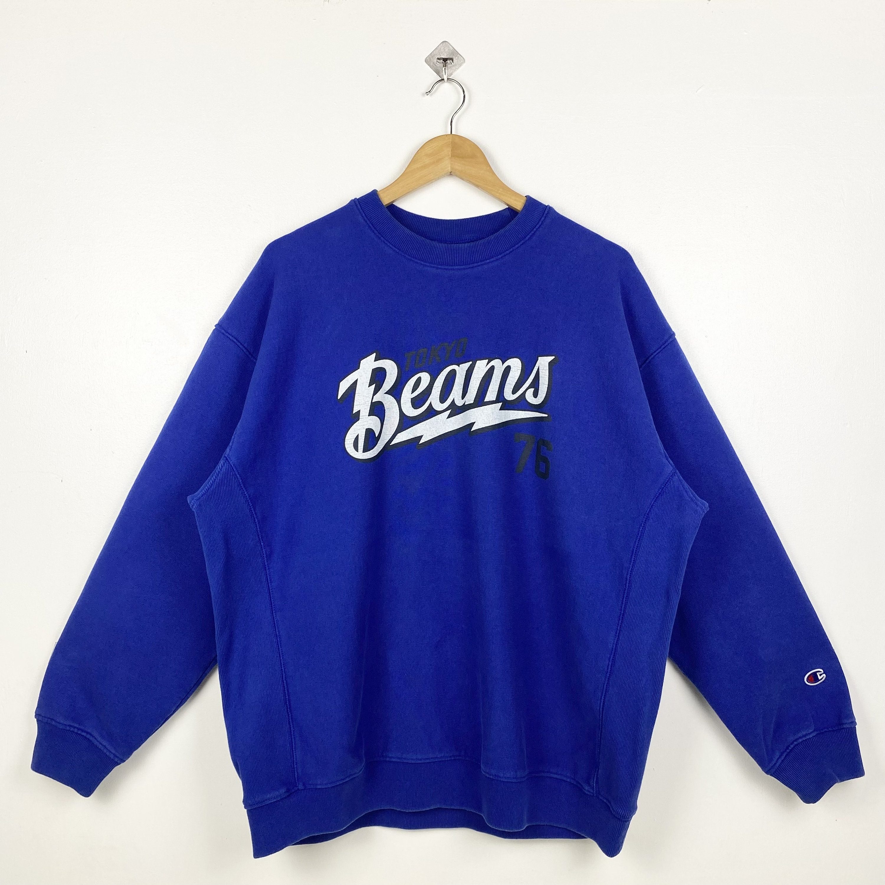 Vintage Champion X Beams Crewneck Sweatshirt Print Logo Blue Color