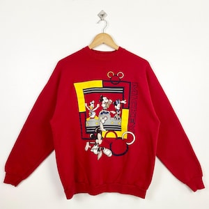Disney 'Mickey Mouse' sweater uit de jaren 90 ronde hals print logo rode kleur heren Fit to L