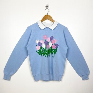 Sweat-shirt fleurs du soleil du matin des années 90 avec logo imprimé couleur bleue pour femme M