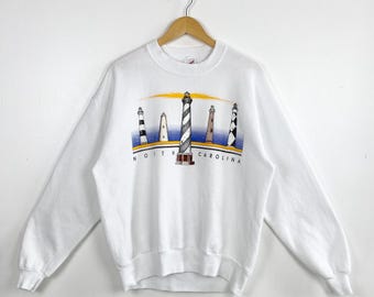 Vintage 90s North Carolina Crewneck Sweatshirt - Lighthouse - Print Logo - White Color - Men’s L