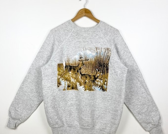 90s Wildlife White-Tailed Deer Crewneck Sweatshirt Print Logo Grey Color Men’s XXL