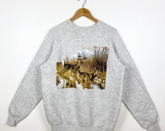 90s Wildlife White-Tailed Deer Crewneck Sweatshirt Print Logo Grey Color Men’s XXL
