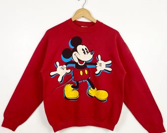 Felpa girocollo Disney anni '90 con stampa di Topolino e logo, colore rosso, da uomo, taglia S