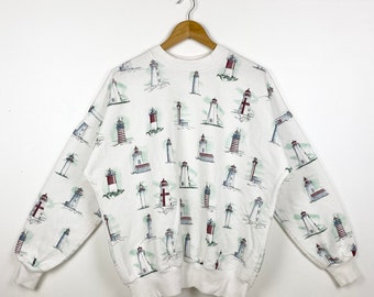 90s Art Lighthouse Crewneck Sweatshirt Full Print White Color Men’s L