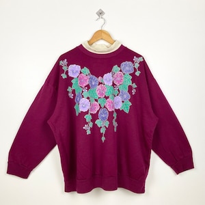 Sweat ras du cou à fleurs artistiques des années 90 avec logo imprimé violet, XXL pour femme