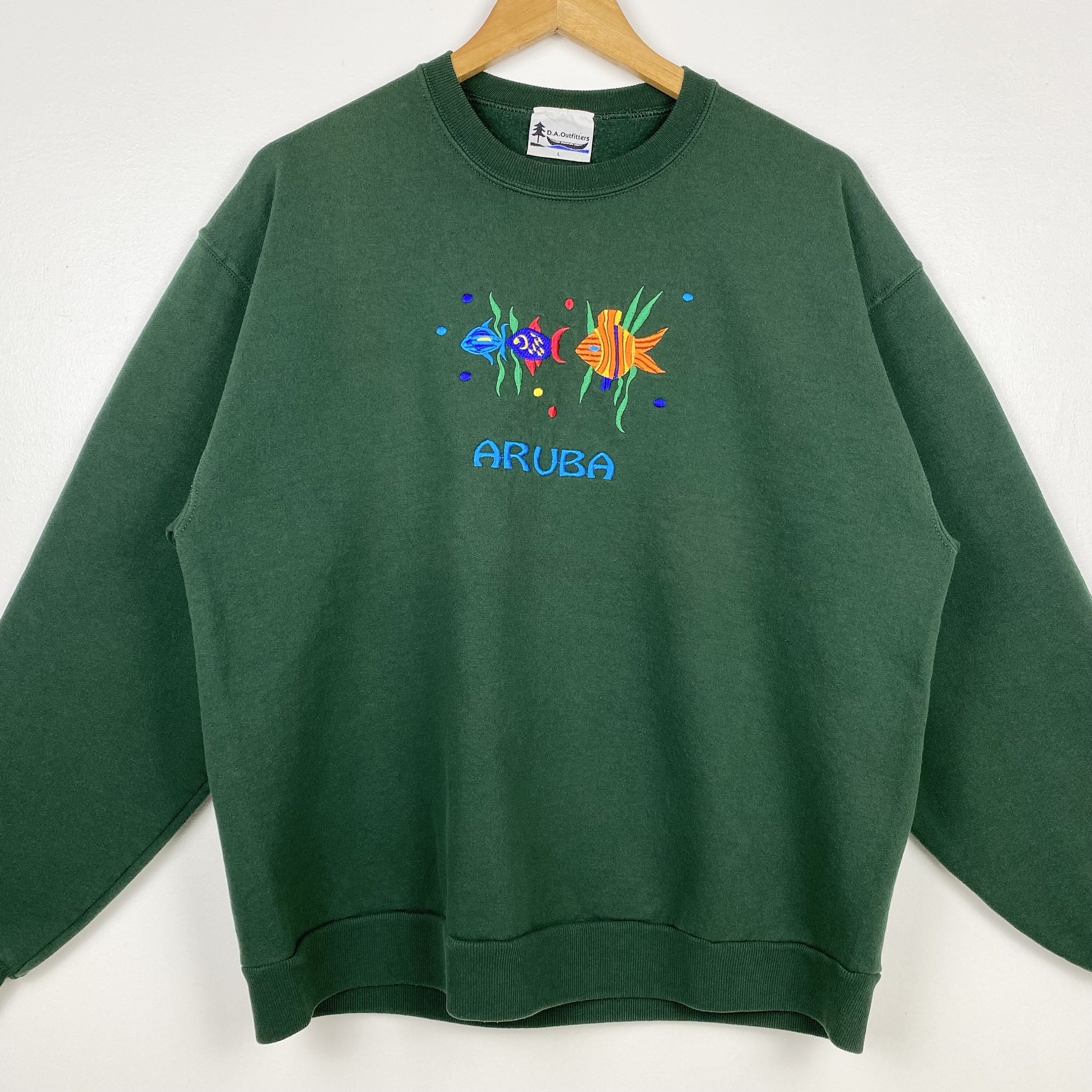 90s Aruba Crewneck Sweatshirt Embroidery Logo Green Color
