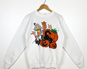 90s Trick or Treat Halloween Crewneck Sweatshirt Print Logo White Color Men’s L