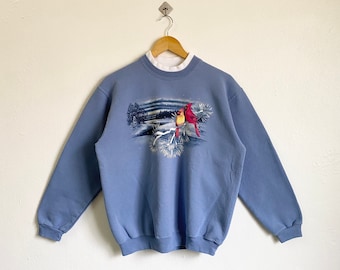 90s Morning Sun Birds Sweatshirt Print Logo Blue Color Women’s L