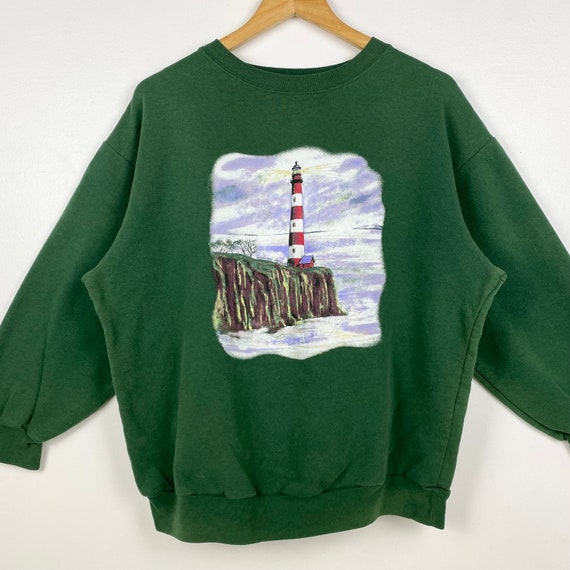 ★SATUR★ Classic Logo Sweatshirt Art Mint Vintage Art Lighthouse Crewneck Sweatshirt Print Logo Green