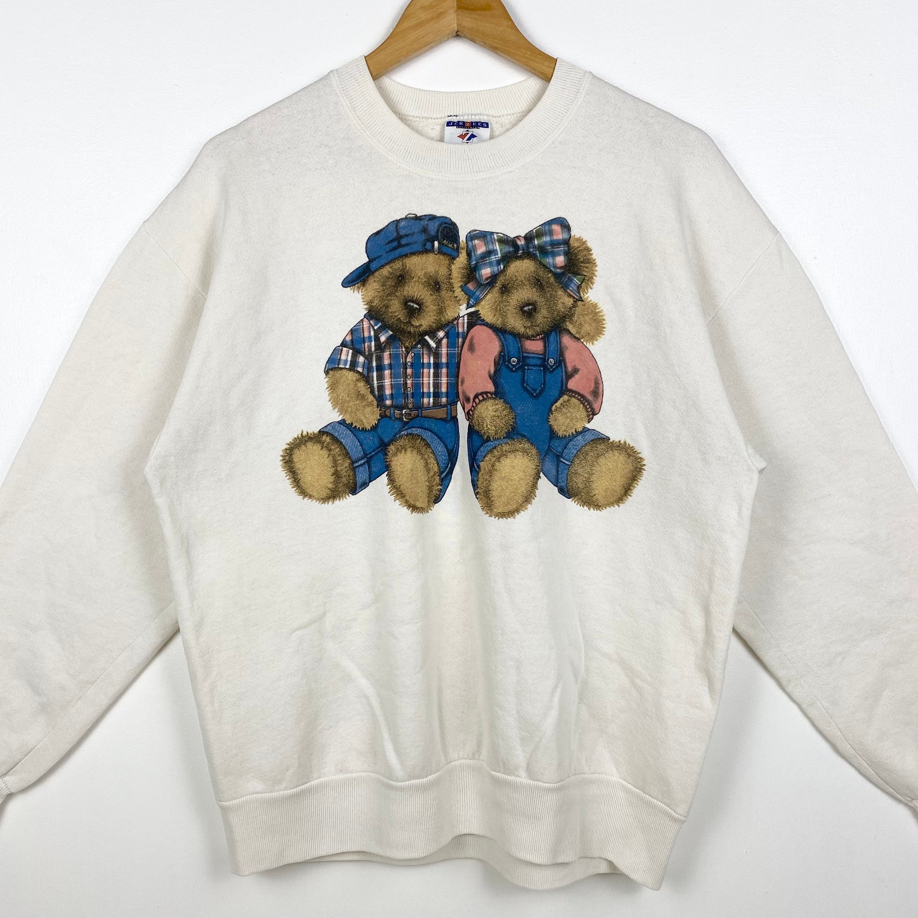 90s Art Teddy Bear Crewneck Sweatshirt Print Logo White Color