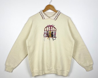 90s Art Cat Sweatshirt Embroidery Logo Yellow Color Women’s L