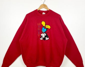 90s Disney 'Mickey Mouse' Crewneck Sweatshirt Stickerei Logo Rot Farbe Herren XL