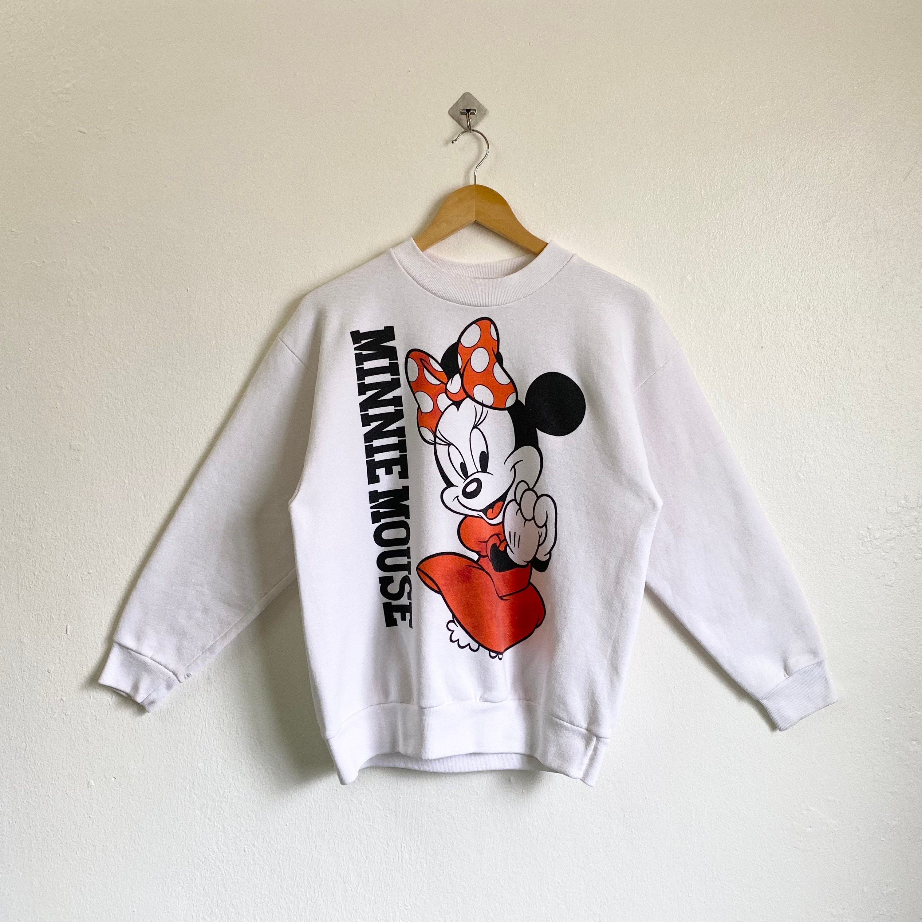 90s Minnie Mouse Crewneck Sweatshirt Mirror Print Logo White Color