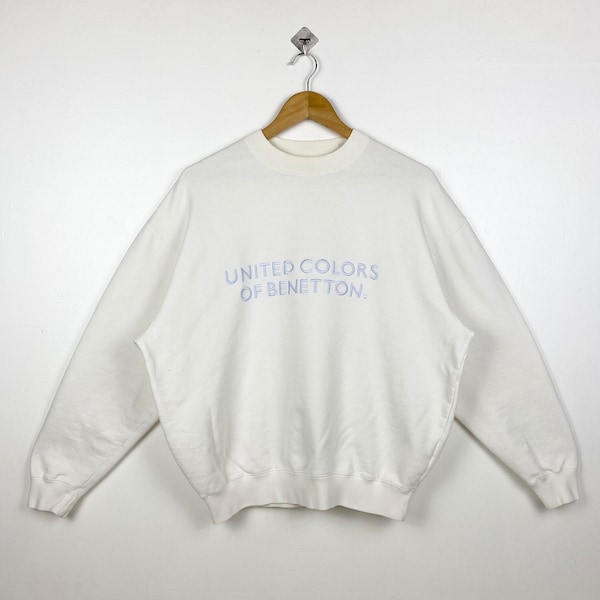 90s United Colors of Benetton Crewneck Sweatshirt Embroidery Logo White Color Men’s M