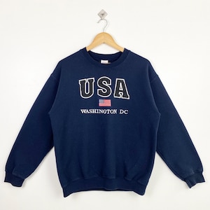 vintage Sweat-shirt ras du cou Washington DC en détresse avec logo brodé, couleur bleue pour homme M