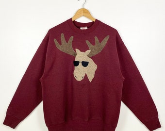 90s Art White-Tailed Deer Crewneck Sweatshirt Embroidery Logo Red Color Men’s L