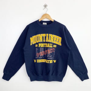 90er Jahre College-Ausschnitt Kragen mit Rundhals-Sweatshirt von West Virginia Falls “Mountaineers” in Blau