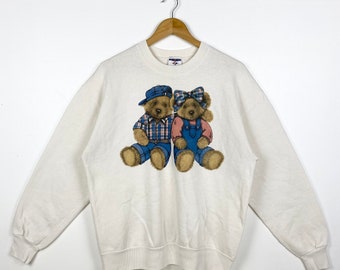 90s Art Teddy Bear Crewneck Sweatshirt Print Logo White Color Men’s L