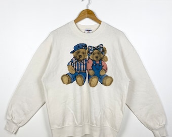 90s Art Teddy Bear Crewneck Sweatshirt Print Logo White Color Men’s L